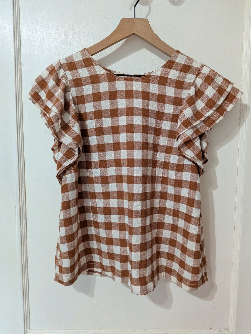 a new day | Brown & White Gingham Ruffle Sleeve Top | Medium
